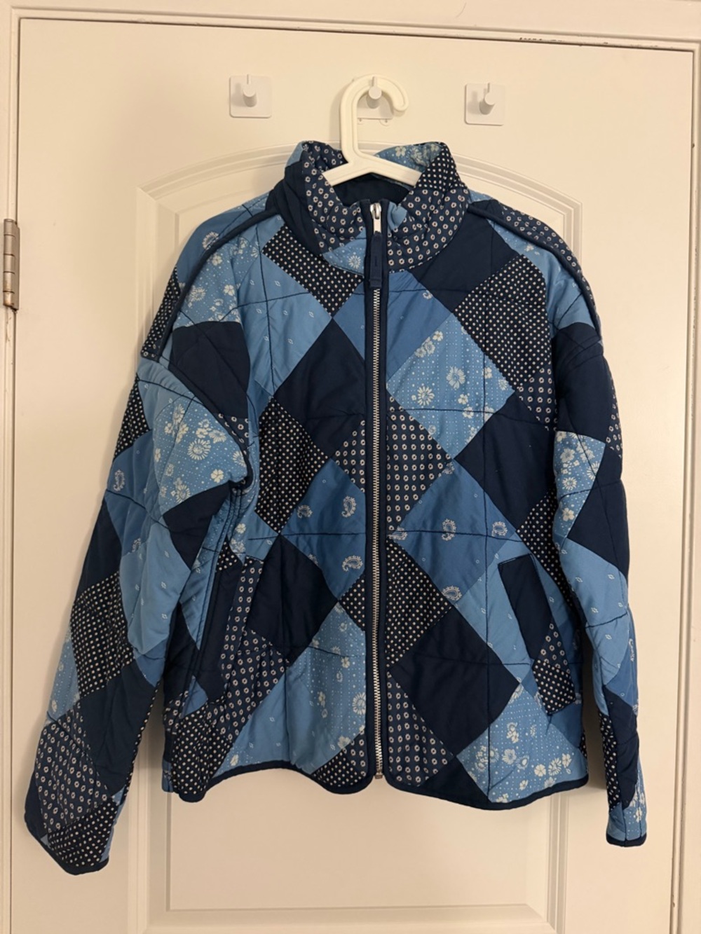 GAP Patchwork Quilted Bomber Jacket in Light Blue and Navy